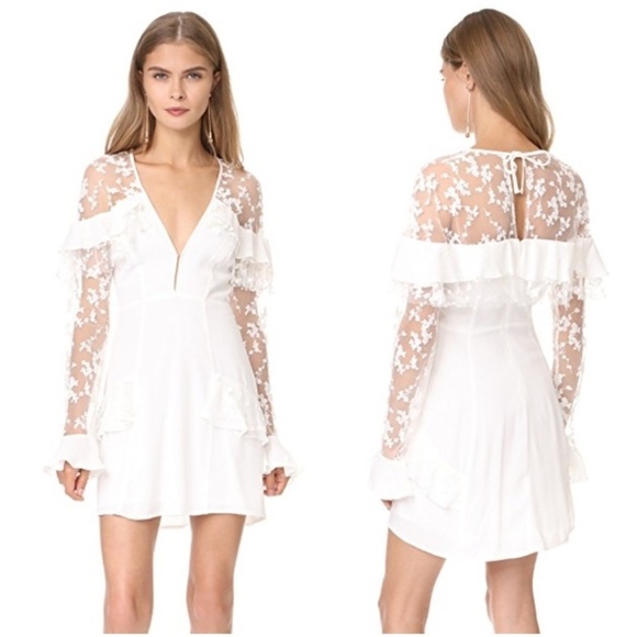 For Love & Lemons Rosebud Mini Dress White Lace Embroidered Sleeve Ruffle Size S - Picture 7 of 11